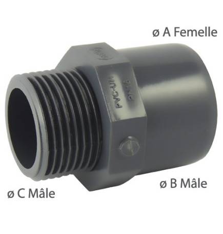 Adapter male / female or male / male in mixed PVC to screw and stick