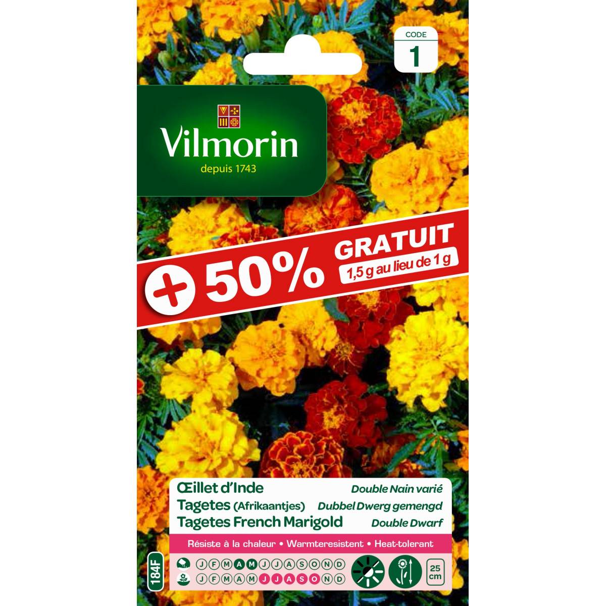 Sachet graines Oeillet d'inde Double Nain Varié 50% Gratuit - Tagetes erecta