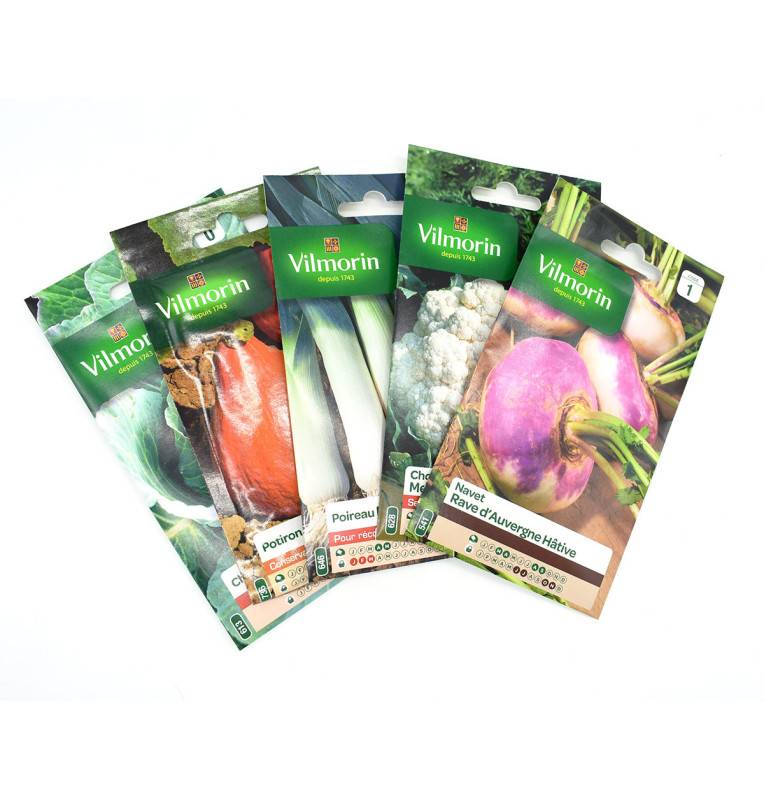 Pack de 5 sachets de graines légumes d'hiver : navet - chou fleur- poireau - potimarron - chou