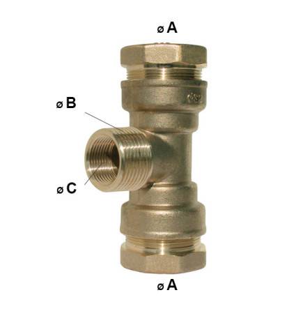 Té à compression avec filetage mâle et taraudage femelle en laiton