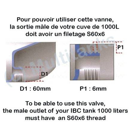 Vanne papillon avec écrou flottant en aluminium S60x6 pour cuve 1000 litres IBC