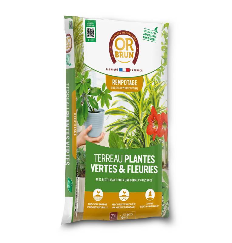 Sac de Terreau Or Brun Plantes vertes & Fleuries 20 L pour un jardinage respectueux