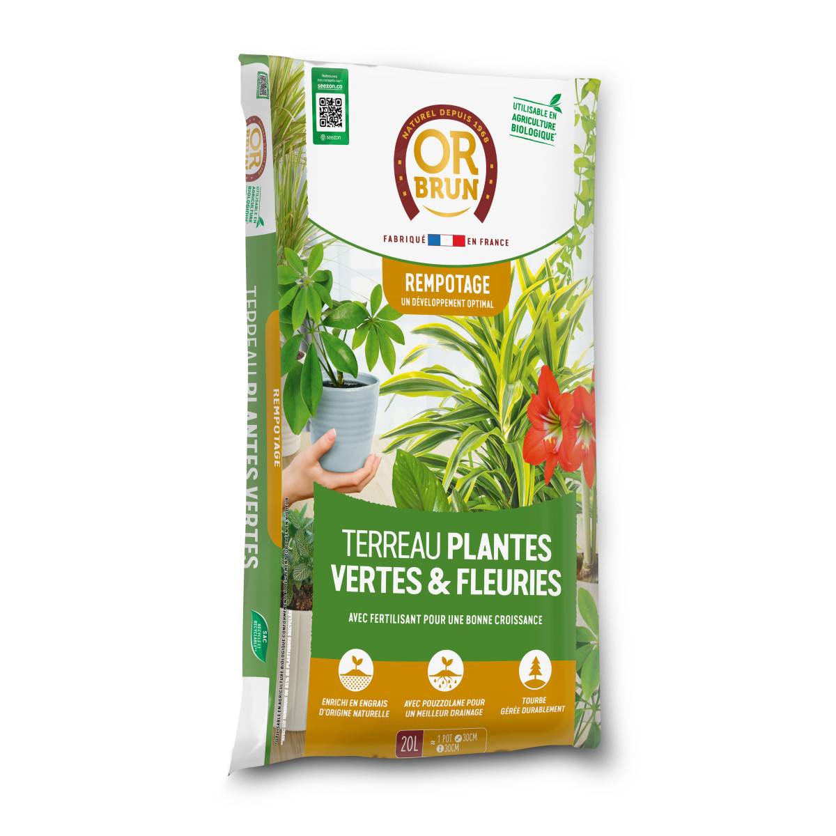 Sac de Terreau Or Brun Plantes vertes & Fleuries 20 L pour un jardinage respectueux